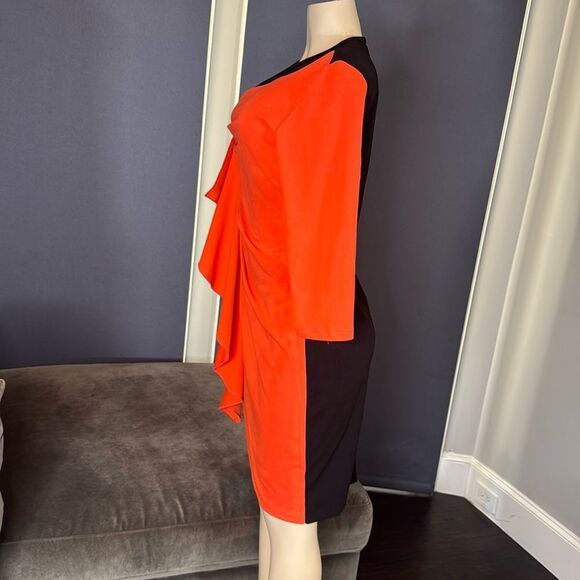 Women’s Black & Orange Asymmetrical Ruffle Midi Dress 3/4 Sleeve Zip Back Size M - Picture 5 of 14